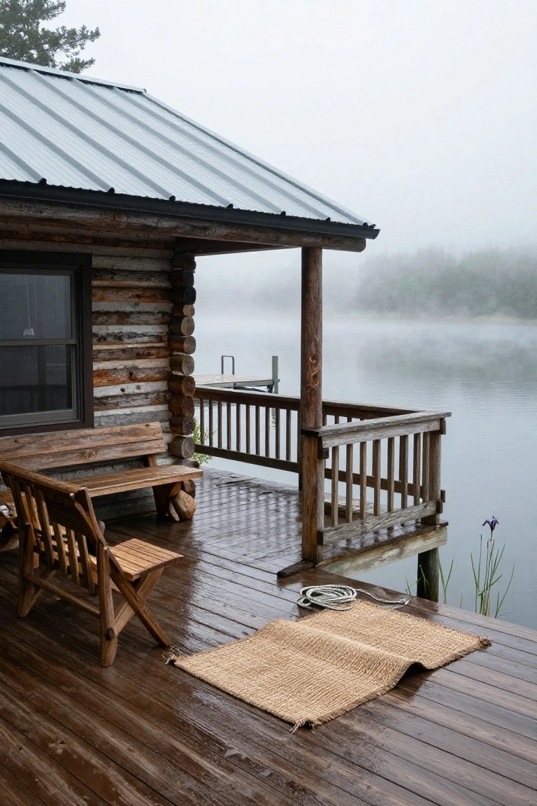 Log cabin with gray metal roof and wooden deck extending over a misty lake on a rainy day, showing a wooden bench, folding chair, braided rug, and coiled rope on the wet deck.