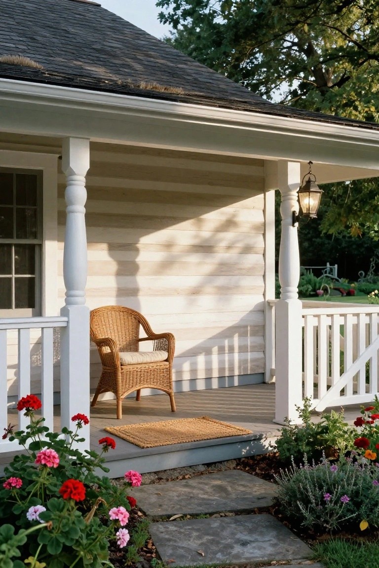 Beige clapboard house with white porch columns and railing, wicker armchair on wooden deck with straw mat, red geranium pots, stone path, and garden bed with flowers beside green lawn.