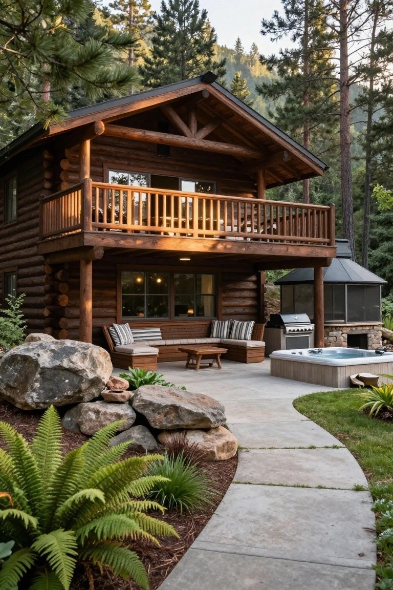 Two-story log cabin made of horizontal logs with an upstairs wooden balcony, a covered lower patio with cushioned benches, coffee table, grill, stone fire pit, and adjacent hot tub, surrounded by large rocks, ferns, pathway, and pine forest.
