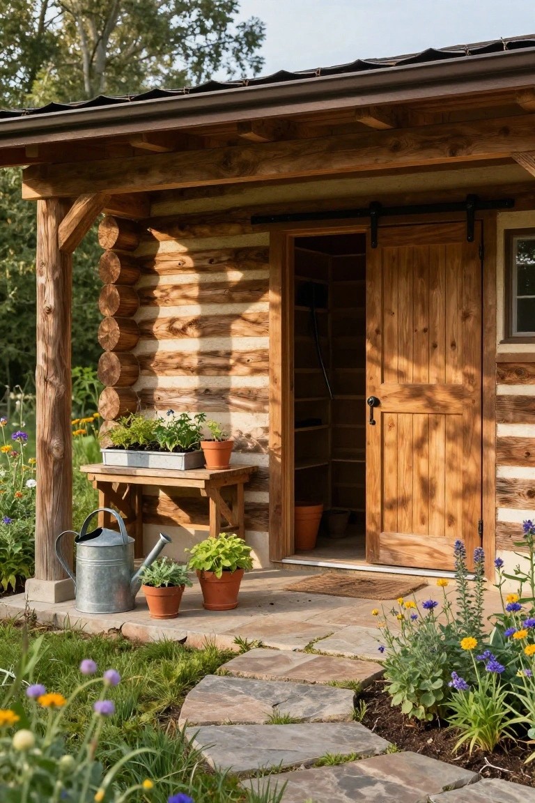 Log cabin exterior featuring a covered wooden porch with an open sliding barn door, wooden bench holding potted plants and a metal watering can, stone pathway, and surrounding flower beds.