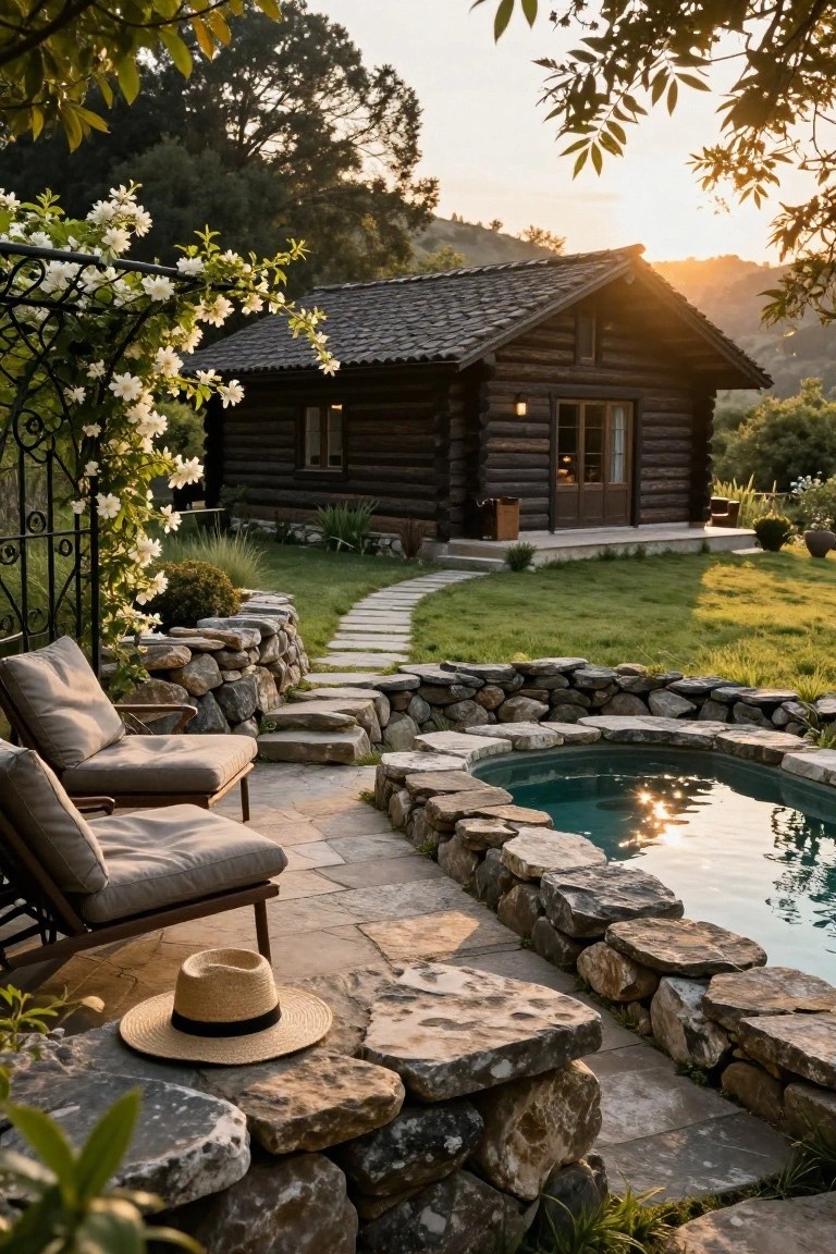 A small curved turquoise pool edged with dry-stacked natural stone walls and flagstone terrace holding two cushioned lounge chairs and a straw hat, adjacent to a dark log cabin house with garden path and climbing white roses on a black metal fence at sunset.