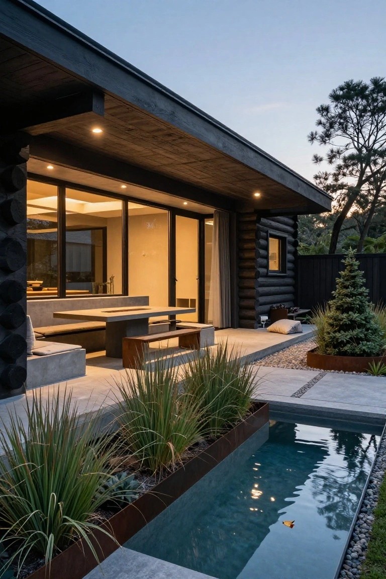 Side exterior of a black log home at dusk with glass doors open to a concrete terrace holding a concrete table, benches, and a long narrow turquoise reflecting pool bordered by corten steel planters with grasses and succulents.