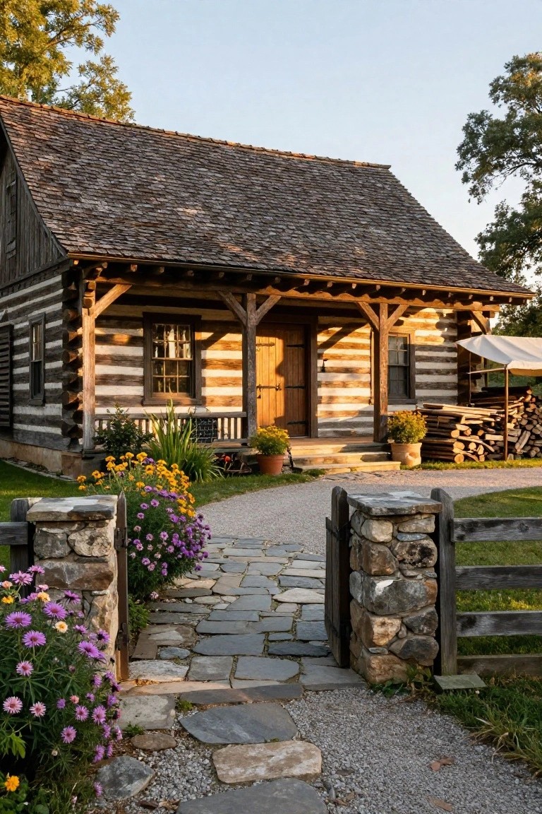 A one-story log cabin with horizontal logs, white chinking, shake shingle roof, and covered front porch with timber posts and railing, approached by a stone pathway through a wooden gate framed by stone walls stone pillars stone pillars and bordered by purple and yellow flower beds, with firewood stack and potted plants nearby.