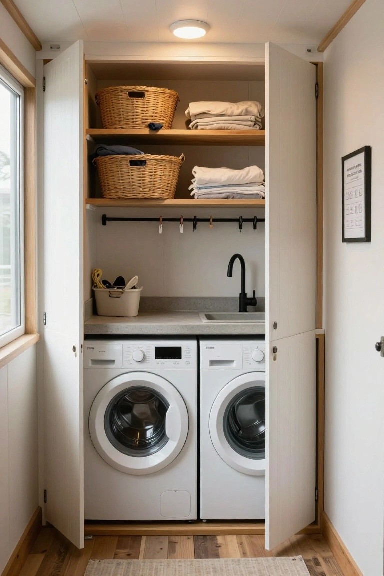 Open white paneled cabinet doors in a narrow indoor space revealing two white front-loading washing machines, a black faucet over a concrete sink, shelves with wicker baskets and folded linens, and a hanging rod with clips.