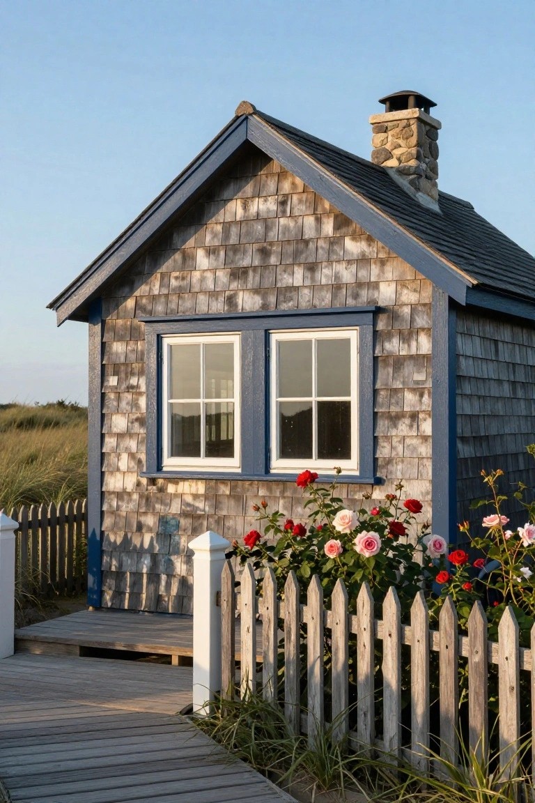 Small blue-trimmed wooden shingle house with double windows, stone chimney, and white picket fence with rose bushes, on a boardwalk near beach grass and dunes under a clear sky.