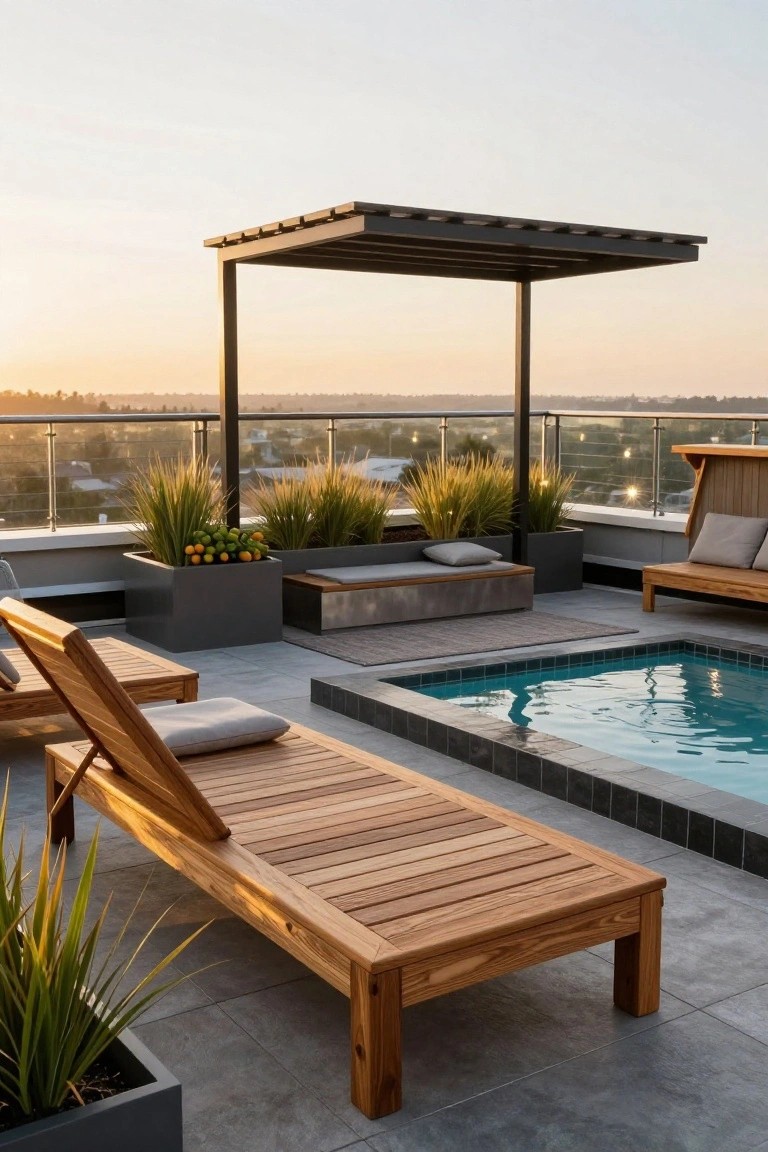 Rooftop terrace with a small rectangular swimming pool, wooden sun loungers, potted grasses and citrus plants, built-in bench seating, and a metal pergola overlooking a sunset cityscape.