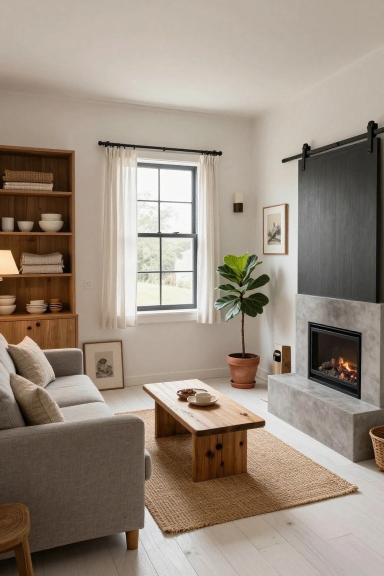 Cozy living room with gray sofa, wooden coffee table, and concrete fireplace.