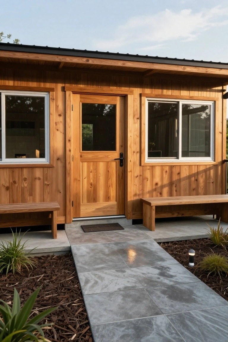 Wooden prefab tiny home exterior with cedar siding, a glass-paneled front door flanked by two matching benches, a concrete walkway, garden lights, plants, and mulch beds.