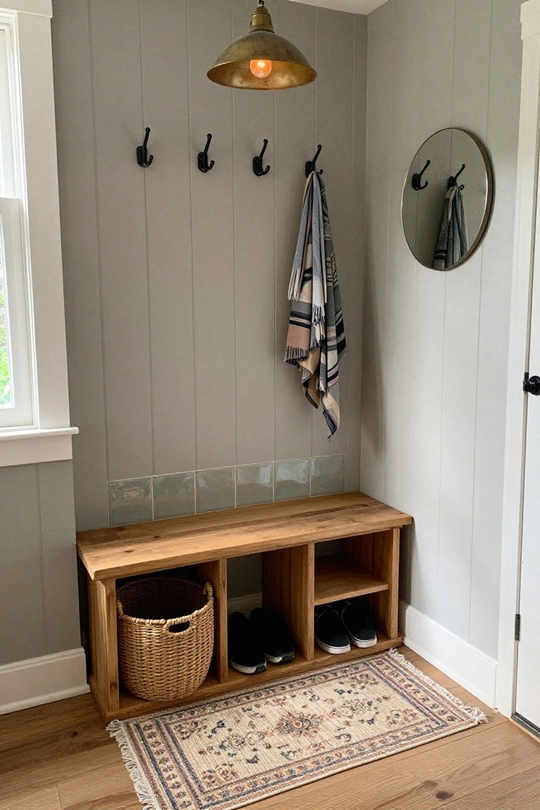 Corner entryway with gray shiplap walls, black coat hooks holding a scarf, round mirror, brass pendant light, wooden bench with shoe cubbies and woven basket, and small patterned rug on hardwood floor.