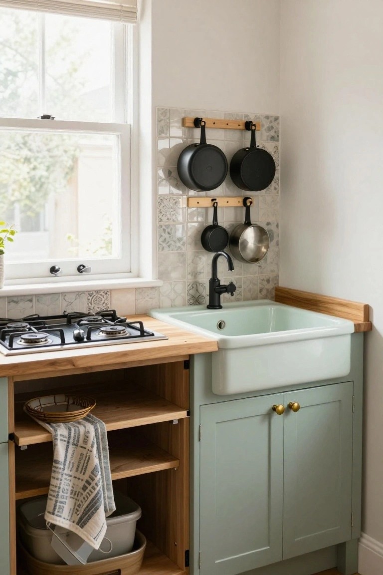 Compact kitchen corner with sage green cabinets, wooden countertop and open shelving, white farmhouse sink, gas stovetop, black faucet, and assorted black pots and pan hanging from wooden hooks on a gray tiled backsplash next to a window.