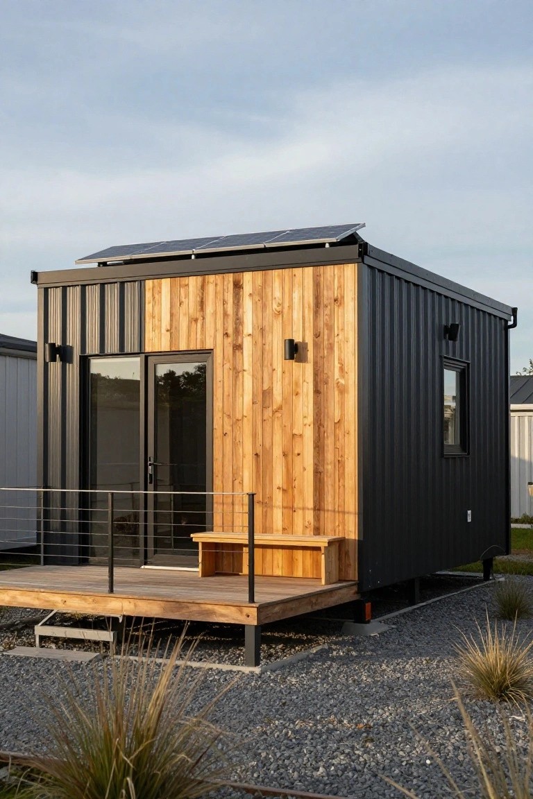 Black shipping container tiny home with cedar wood cladding on one side and front, solar panels on the roof, large glass door, small window, on a wooden deck with railing and bench, gravel ground with grasses nearby.
