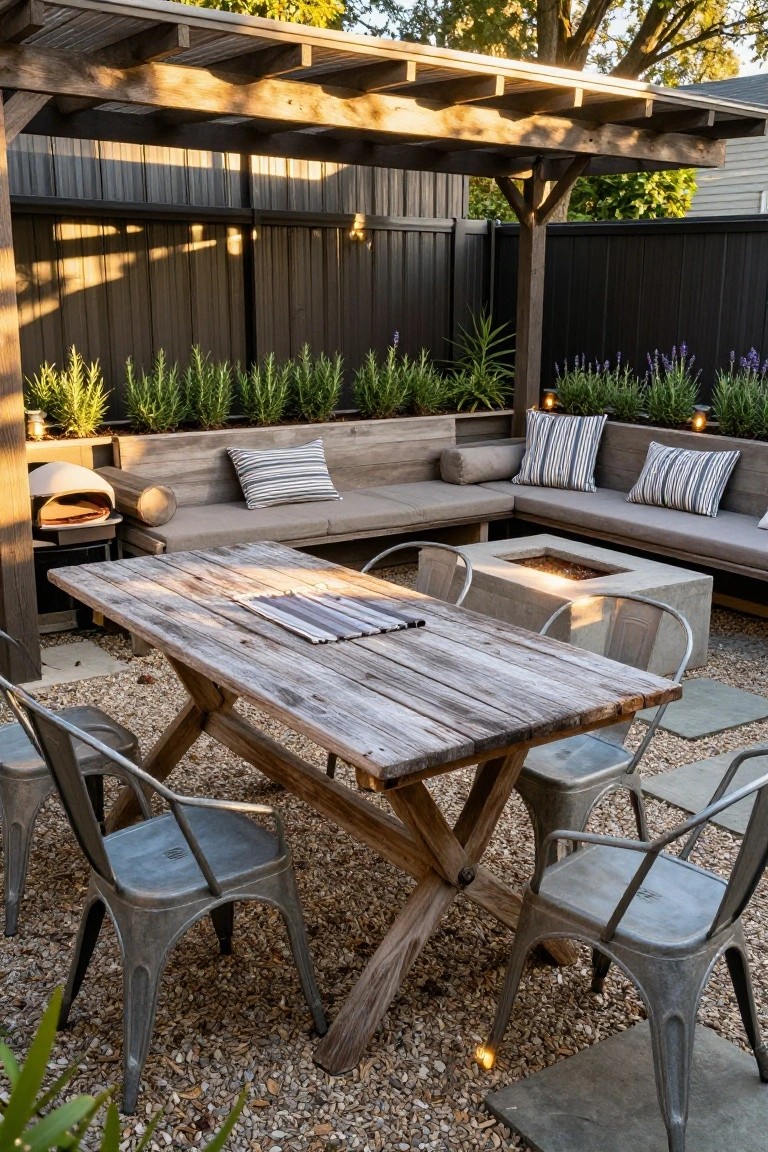 Wooden pergola-covered outdoor patio with L-shaped built-in benches, rustic wooden trestle table, metal chairs, concrete fire pit box, pizza oven, and plants along a black fence on gravel ground.