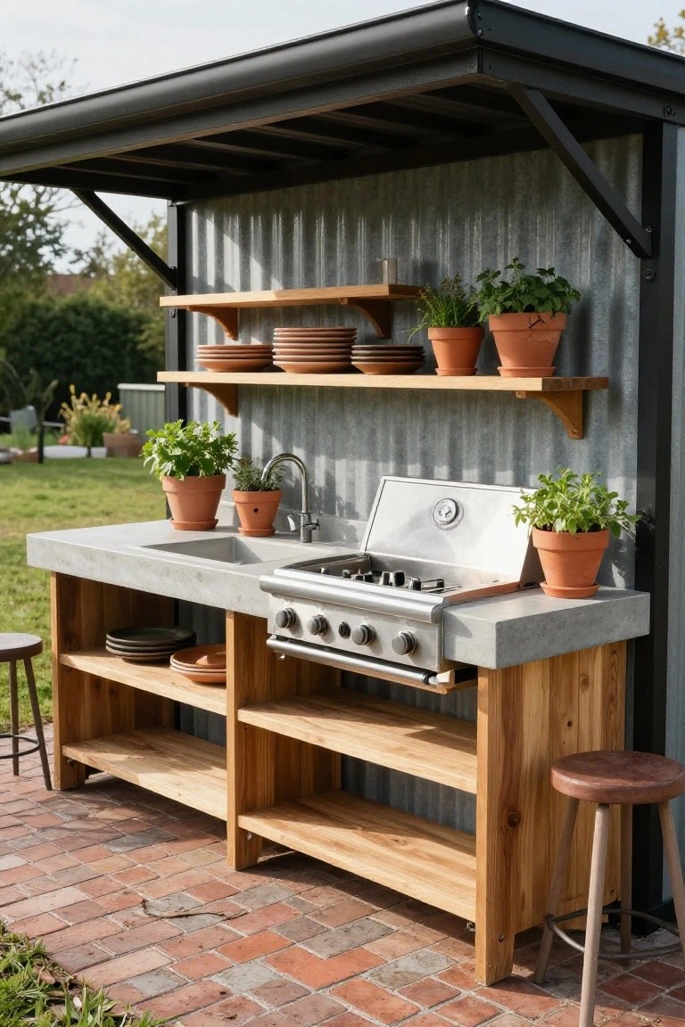 Outdoor kitchen under a corrugated metal shelter with concrete countertop featuring sink and stainless steel gas grill, wooden base and shelves holding terracotta pots of herbs and stacked dishes, two wooden stools on brick paving.
