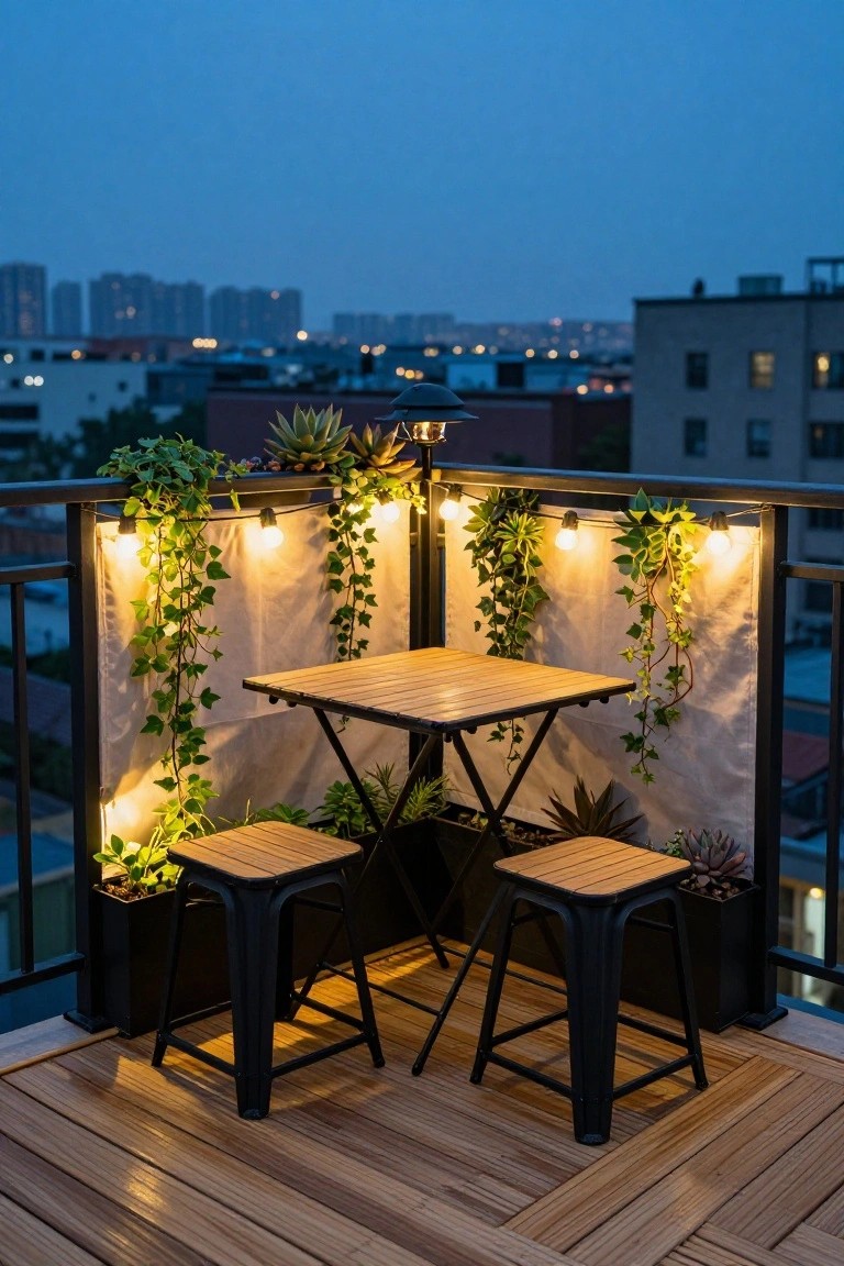 Small square wooden table and two black metal stools on a wooden deck balcony corner, with potted plants, ivy climbing white fabric panels on the railing, globe string lights, and a city skyline at dusk in the background.