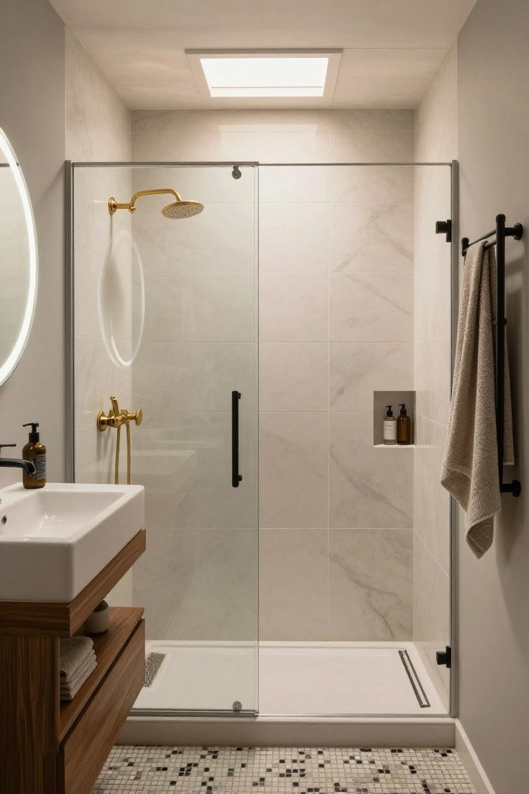 Modern bathroom interior with frameless glass shower enclosure, white marble-patterned wall tiles, gold showerhead and faucet, wall-mounted towel rail with towel, wooden vanity under white sink, and mosaic tile floor.