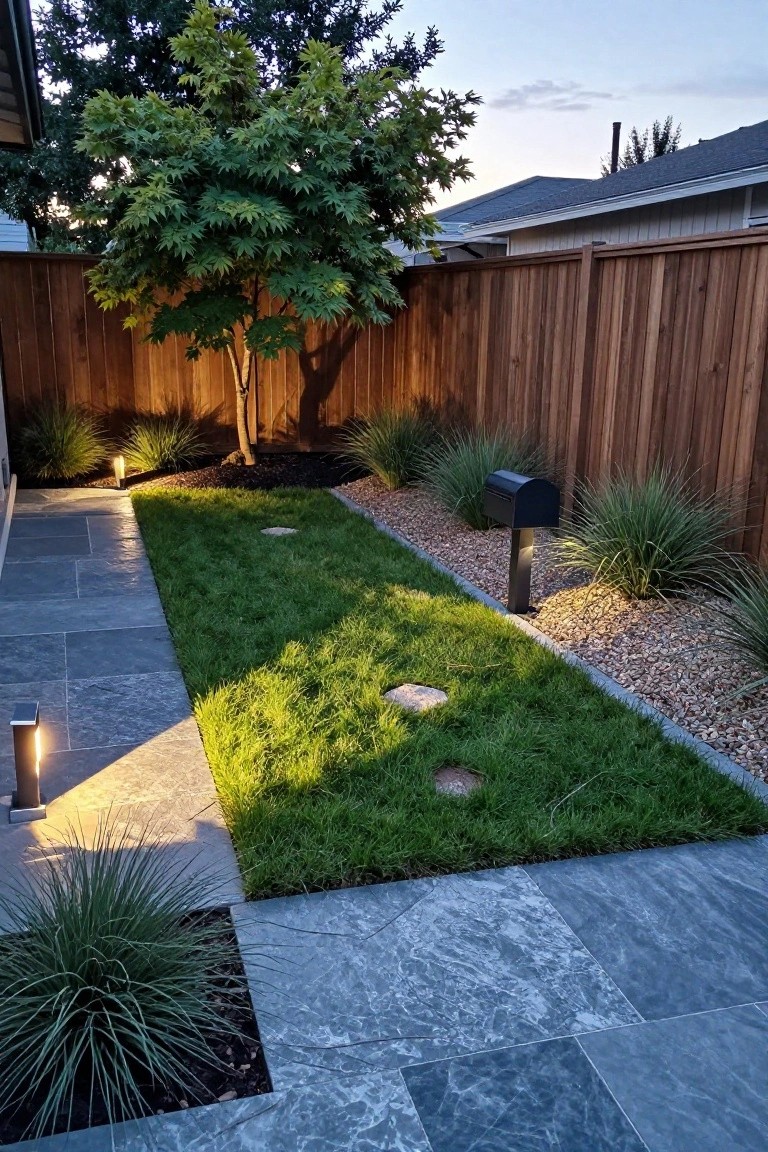 Side yard landscaping with a gray slate stone walkway parallel to a narrow strip of green grass, bordered by ornamental grasses, gravel mulch beds, black mailbox, low path lights, wooden fence, and a tree.