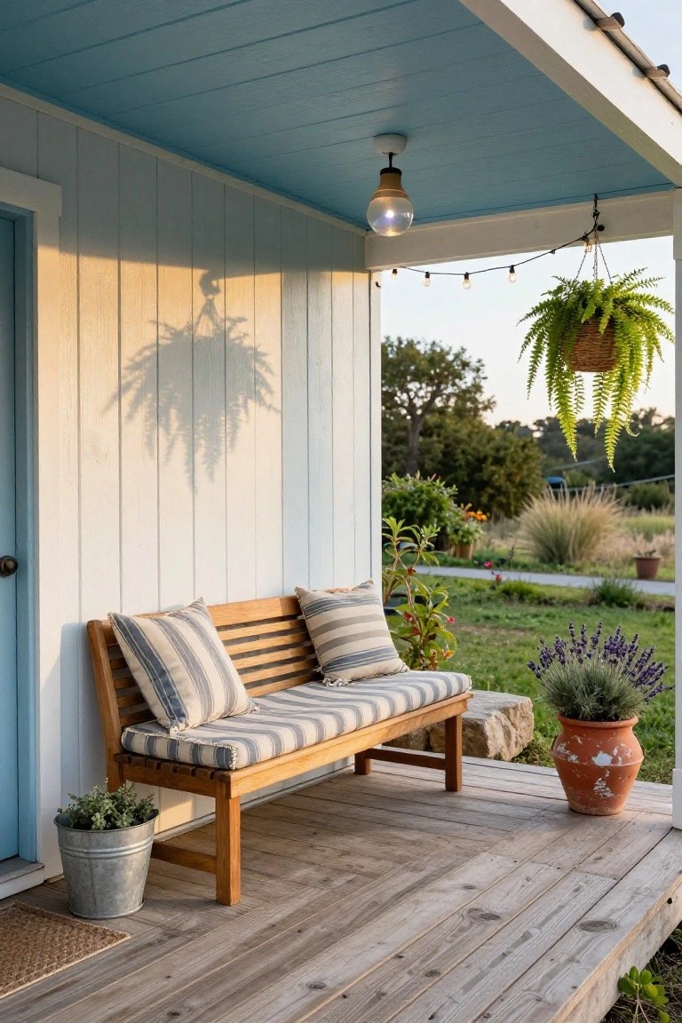 Wooden bench with blue-and-white striped cushions on a porch deck next to a blue door, potted plants in a metal bucket and terracotta pot, under a blue ceiling with hanging globe light, string lights, and fern basket, overlooking a garden with lavender and grasses.