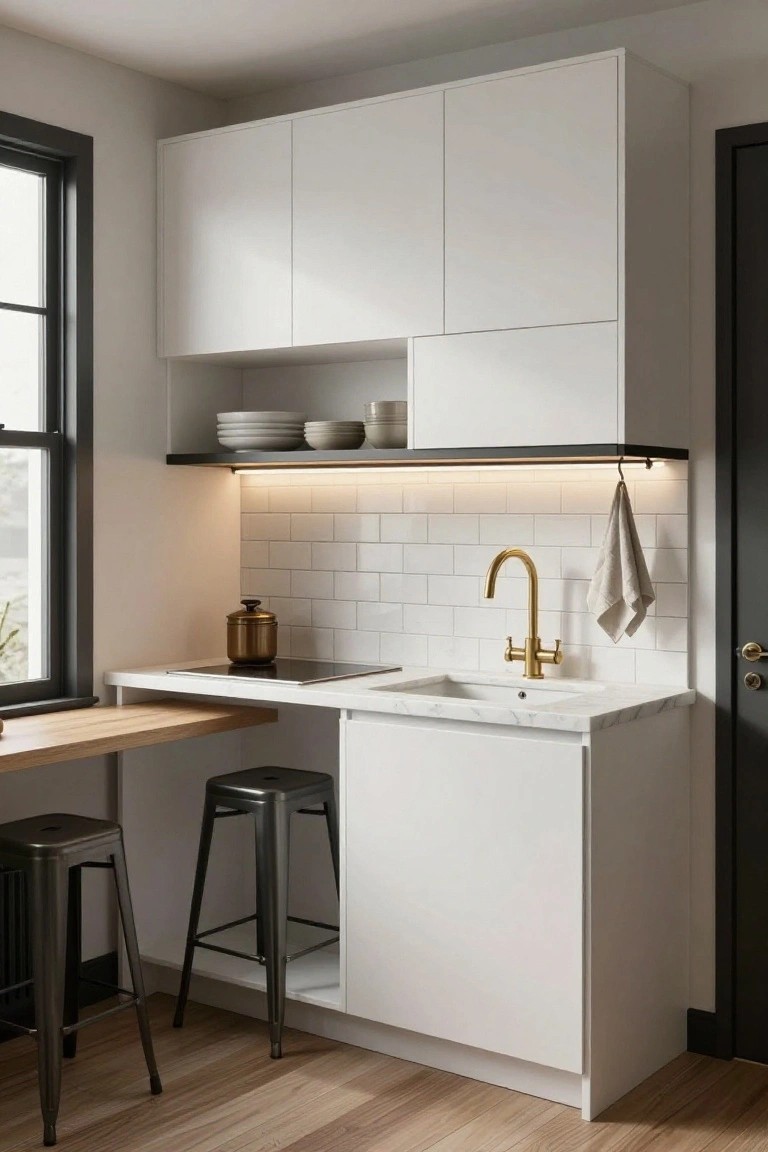 Compact white kitchen in a small room featuring upper and lower cabinets, white subway tile backsplash, gold gooseneck faucet, white sink, induction cooktop on slim wooden counter extending to bar with two black metal stools, window, and black door.