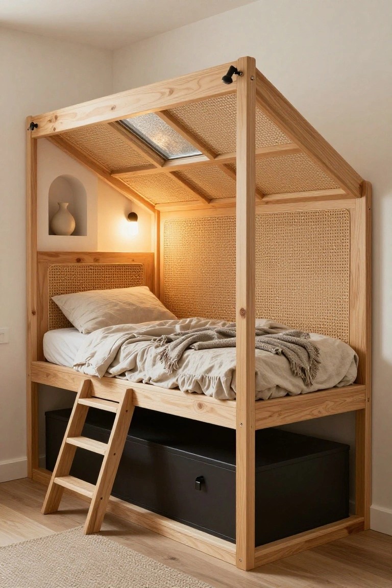Wooden loft bed frame in a corner with cane panels, sloped roof section with glass panel, ladder access, underbed black drawer unit, and warm wall light in a white-walled room.