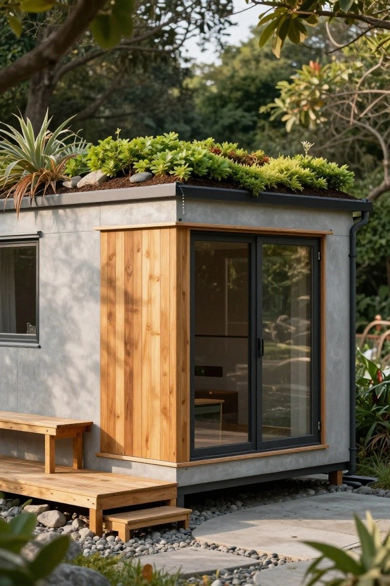 Small gray prefab tiny home with a green sedum roof, wooden vertical cladding on one side, sliding glass door and window, wooden bench and steps, surrounded by rocks and tropical plants in a garden.
