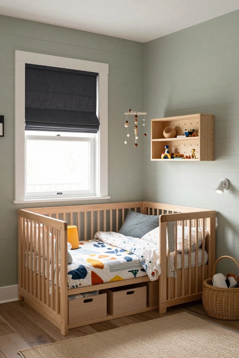 A nursery corner with a natural wood crib featuring two under-bed storage boxes, colorful bedding, pegboard wall shelf holding toys, and pale green shiplap walls.