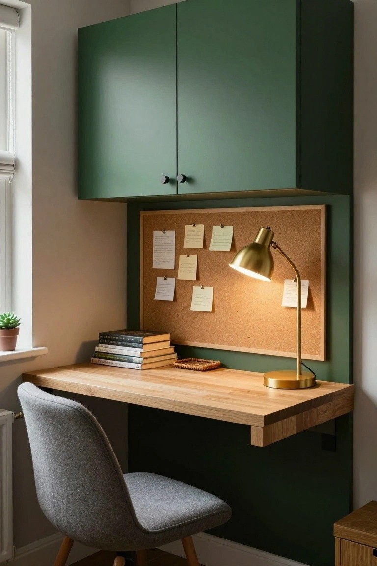A small home office nook with a floating oak desk, gray upholstered chair, gold desk lamp, corkboard pinned with notes above the desk, green overhead cabinets, and a potted plant on the windowsill.