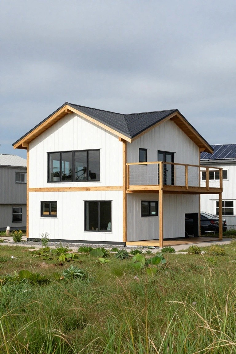 Two-story prefab house with white vertical siding, black metal roof, exposed wooden beams, balcony with cable railing, carport, and surrounding tall grass and plants.