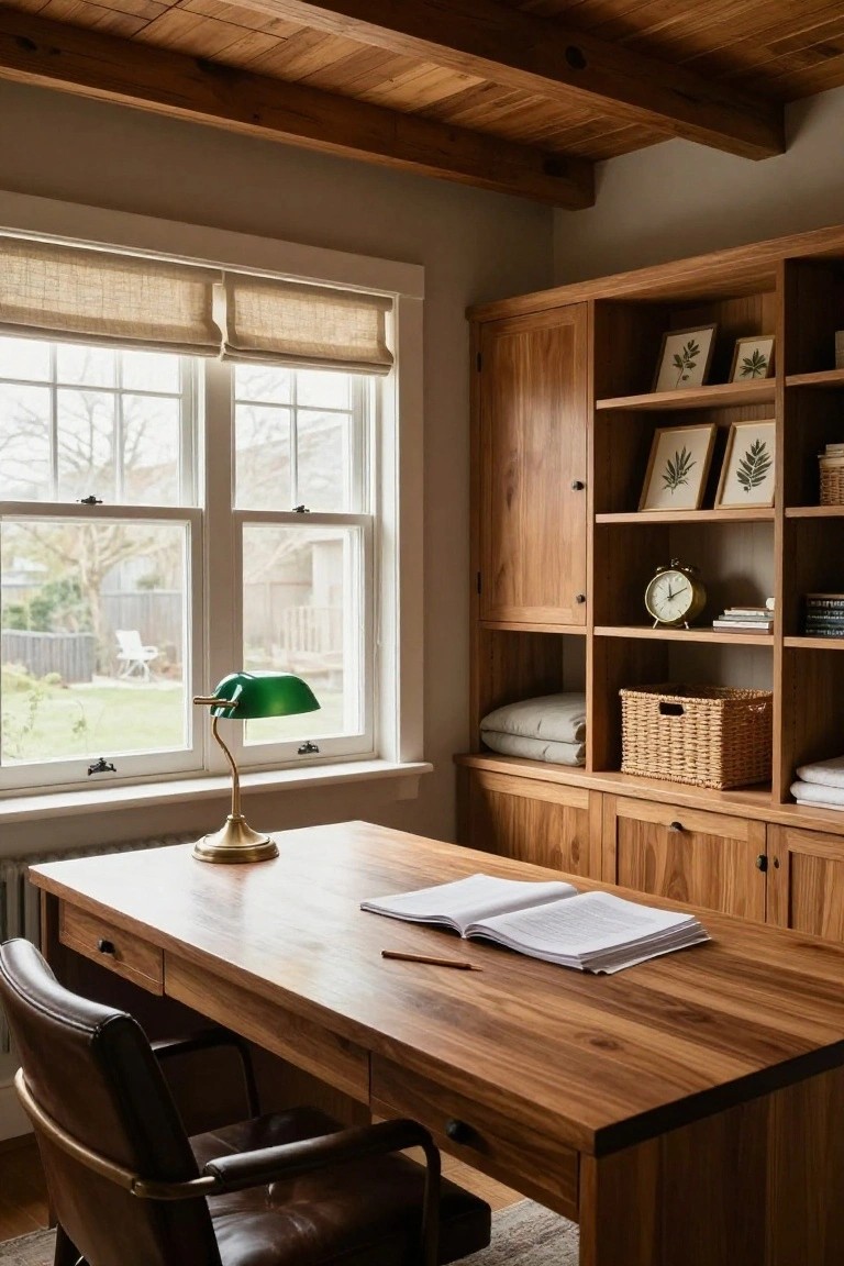 Wooden built-in bookshelves and cabinets surrounding a desk with an open book, pencil, green banker's lamp, and leather chair in a light gray room with beige window shades and a view of a backyard.