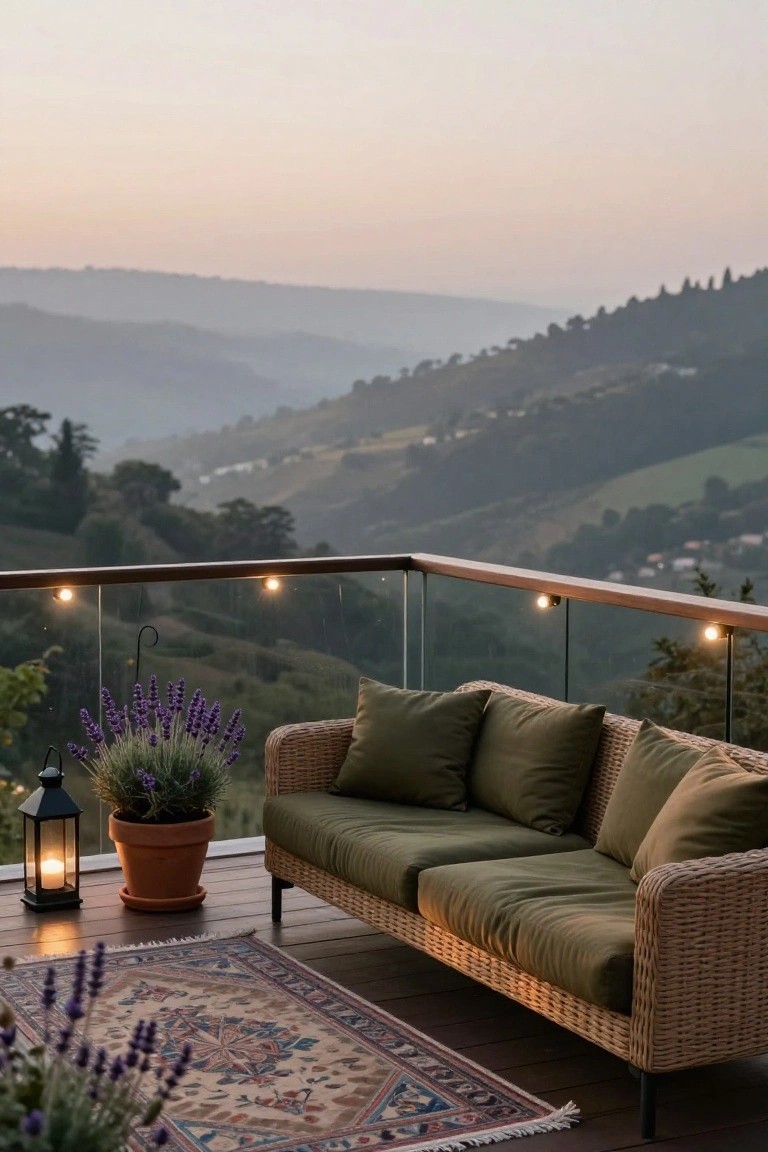 Green cushioned wicker sofa on a wooden deck balcony with glass and wood railing strung with lights, potted lavender plants, lanterns, and a patterned rug, overlooking misty green mountains and valleys at dusk.