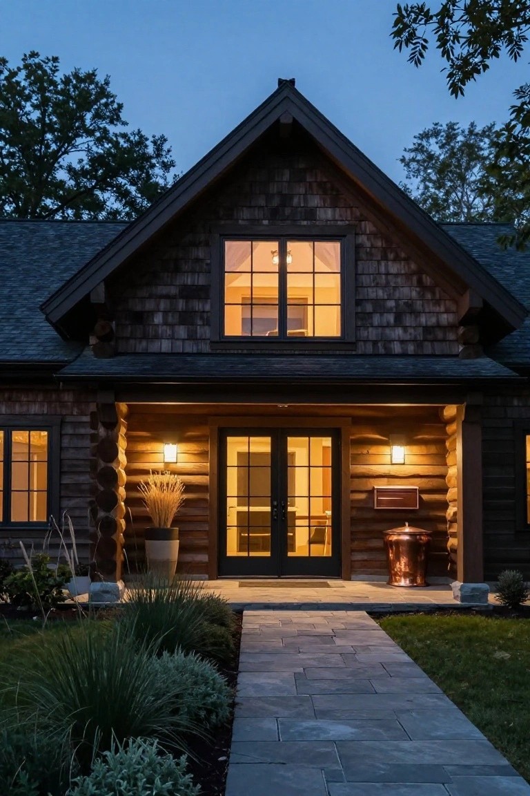 Twilight photo of a two-story log and shingle house exterior featuring a covered front porch with log columns, double glass doors, wall lanterns, potted plants, a copper bucket, and a stone walkway bordered by grasses and shrubs.