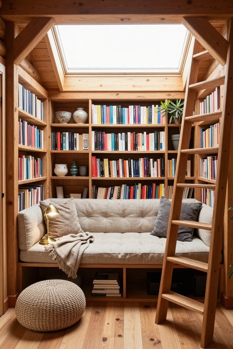 Compact interior room with wooden bookshelves on walls, skylight overhead, beige tufted daybed with pillows and throw, wooden ladder leaning against shelves, potted plants, and woven pouf on wood floor