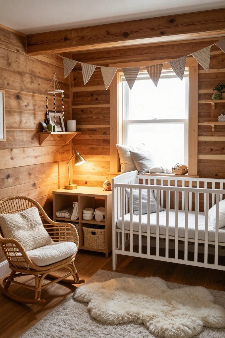 Cozy nursery room with log wood walls and ceiling beams, white crib, rattan rocking chair with cushions, small desk, changing area, and neutral textiles.