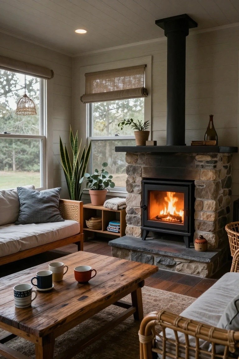 Cozy interior room with stone-clad fireplace containing burning logs, wooden coffee table holding colorful mugs, rattan chairs and sofa, potted plants, and large windows showing trees outside.