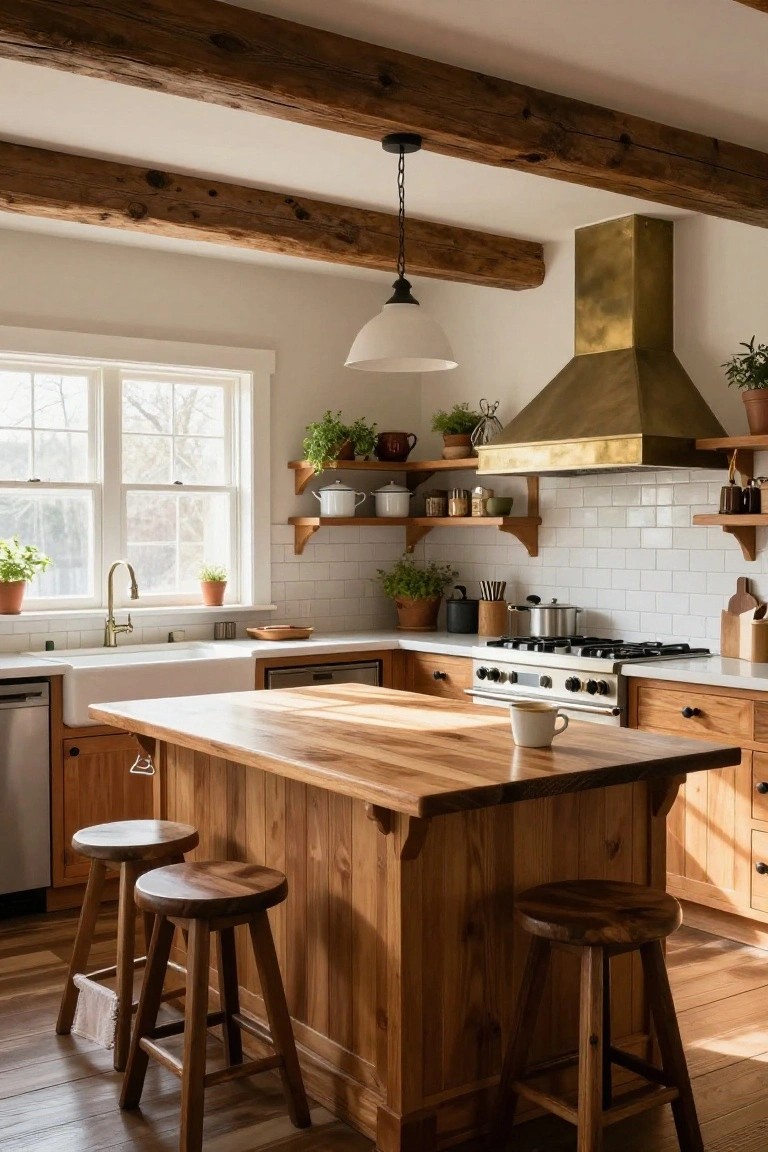 Kitchen interior with exposed wooden beams, white subway tile backsplash, brass range hood, wooden island with two stools, white farmhouse sink, and potted plants on open shelves.