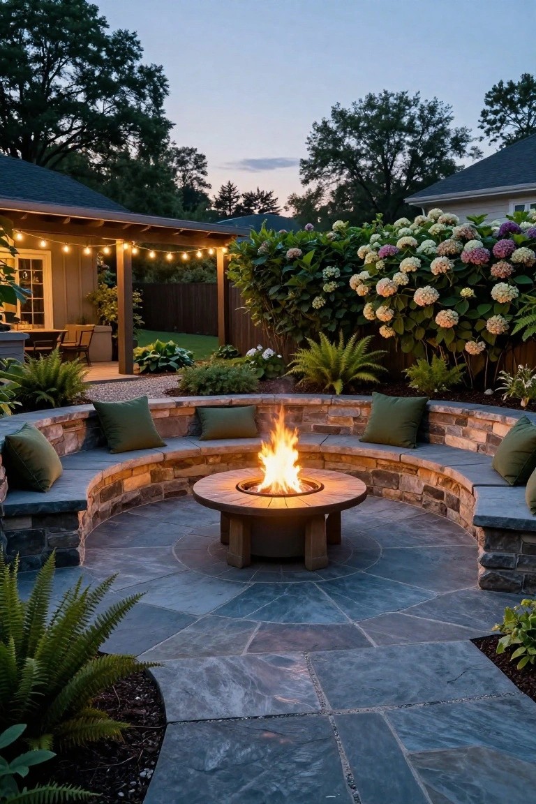 A circular stone fire pit with built-in curved bench seating on a slate paver patio, green cushions on the benches, surrounded by plants, ferns, hydrangeas, and a pergola structure in the background at dusk.