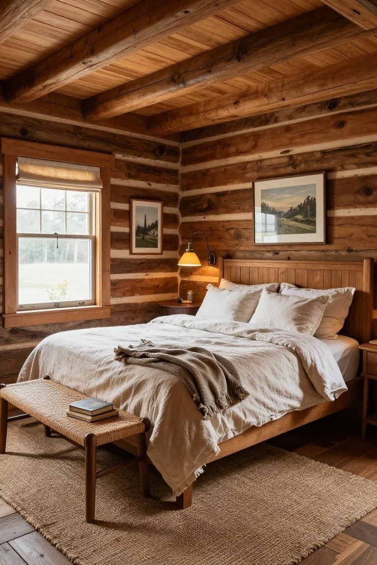 Log cabin bedroom with wooden walls and exposed beam ceiling, wooden bed draped in white linen bedding and pillows, rush-seated bench at the foot of the bed, side table with lamp, and window with landscape artwork nearby.