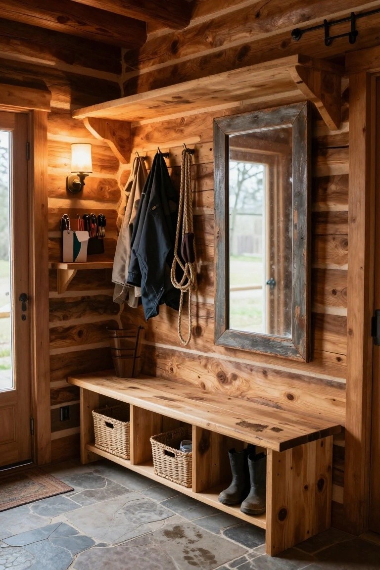Log home entryway with wooden bench featuring cubbies holding baskets and rubber boots, coat hooks with jackets and ropes above, a framed mirror, shelves with keys and tools, and a door leading outside.