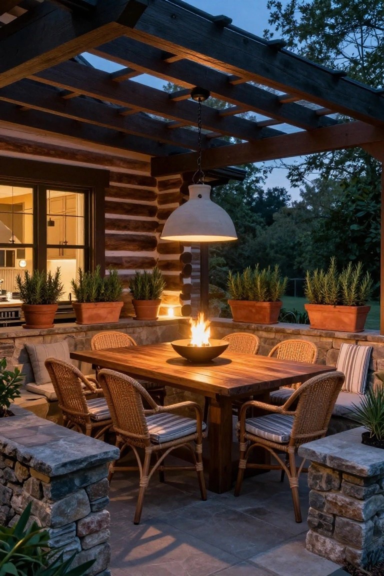 Outdoor patio of a log cabin with a rectangular wooden dining table featuring a central fire bowl, surrounded by wicker chairs, under a wooden pergola with hanging lantern, stone walls, potted rosemary plants, and adjacent kitchen visible through windows.