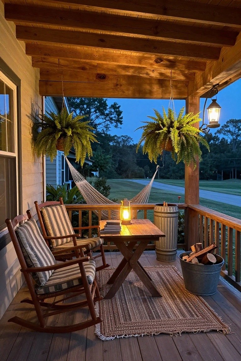 Wooden covered porch with two striped rocking chairs flanking a small wooden table holding lanterns and books, a hammock strung nearby, hanging fern plants, galvanized metal buckets with firewood, and a view of lawn and trees at dusk.
