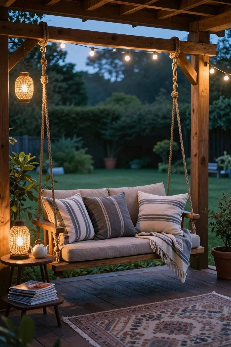 Wooden porch swing suspended by ropes from a pergola on a deck, with beige cushions, striped pillows, gray blanket, side table holding lantern teapot and magazines, string lights, potted plants, and garden view in background.