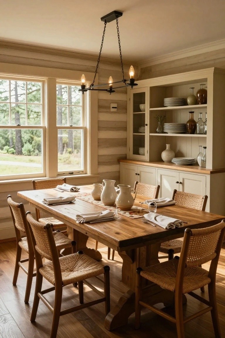 Dining area in a light wood-paneled room featuring a rectangular wooden trestle table with six rattan chairs, white cabinets displaying dishes and pitchers on the table, black metal pendant light overhead, and large windows showing pine trees outside.