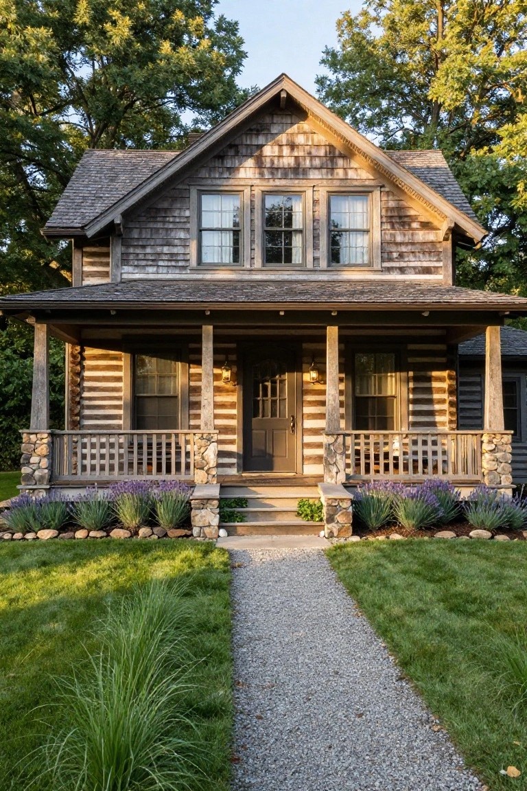Two-story house with weathered shingle siding, log accents, and a covered front porch supported by log posts on stone bases, purple lavender plants along the steps, gravel pathway, green lawn, and trees in the background.
