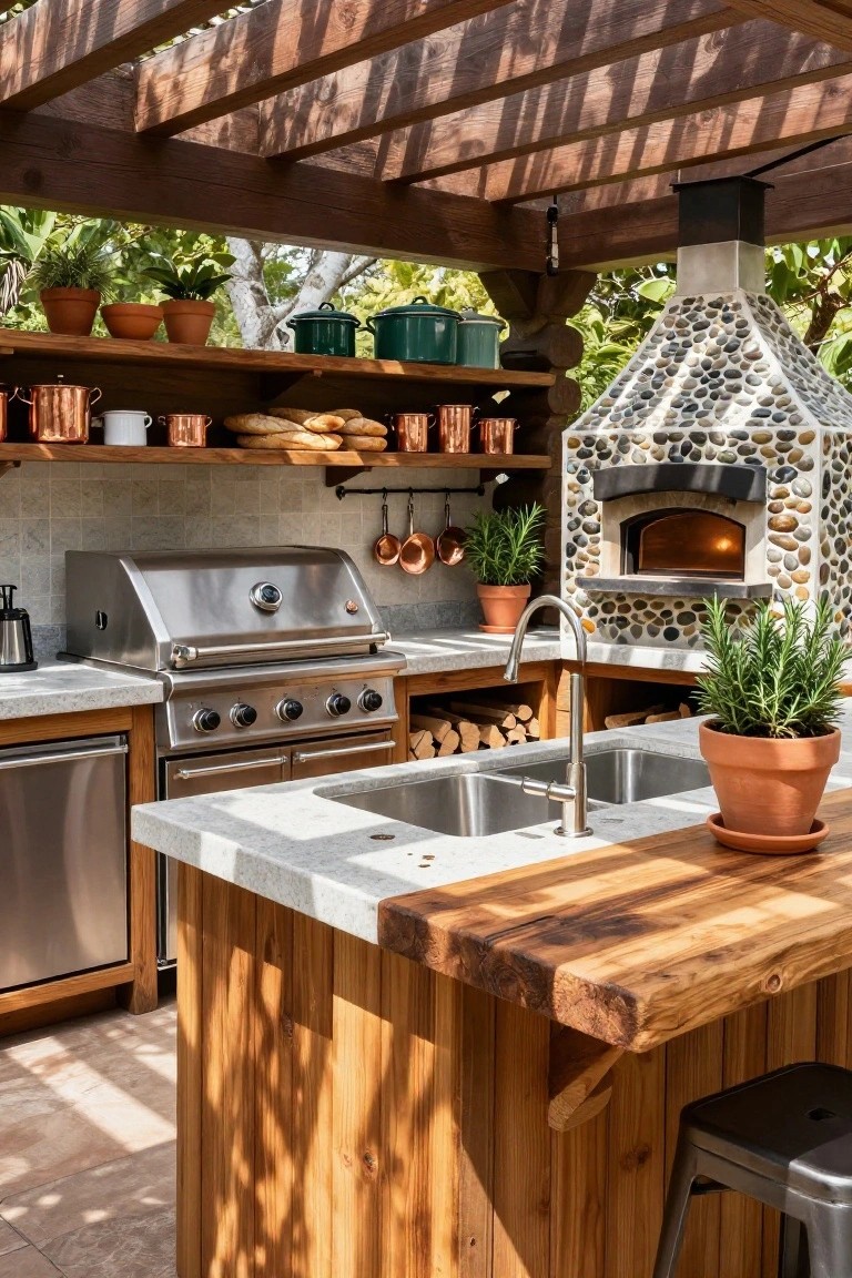 Outdoor kitchen with stone pizza oven, grill, sink, and potted herbs.