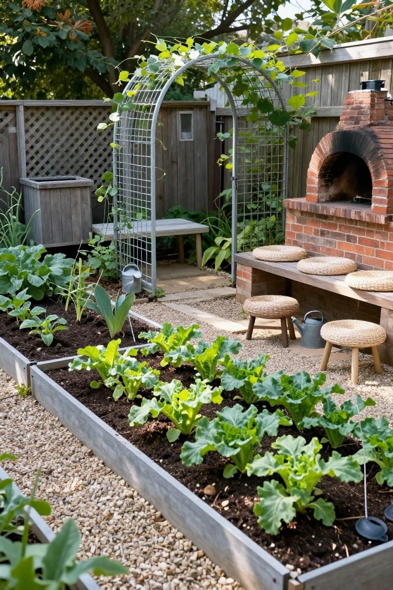 Wooden raised garden beds filled with leafy green vegetables and shoots along a gravel path, next to a brick outdoor oven with bench seating, vine-covered metal arbor, and wooden stools with metal watering cans.
