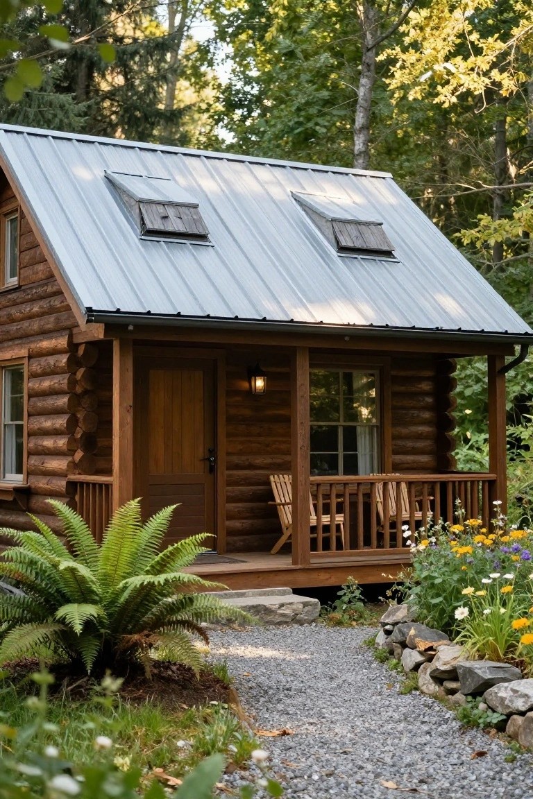 Small brown log cabin with gray metal gable roof and wooden dormer vents, featuring a covered front porch with railing, two wooden chairs, large ferns, flowers, stone borders, and gravel path amid green trees and plants.
