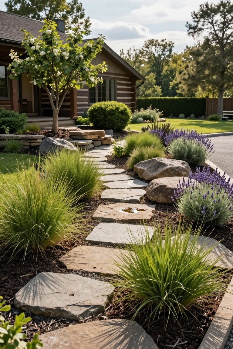Log cabin with a curving flagstone pathway lined by ornamental grasses, lavender shrubs, and large boulders bordering a driveway and front yard.