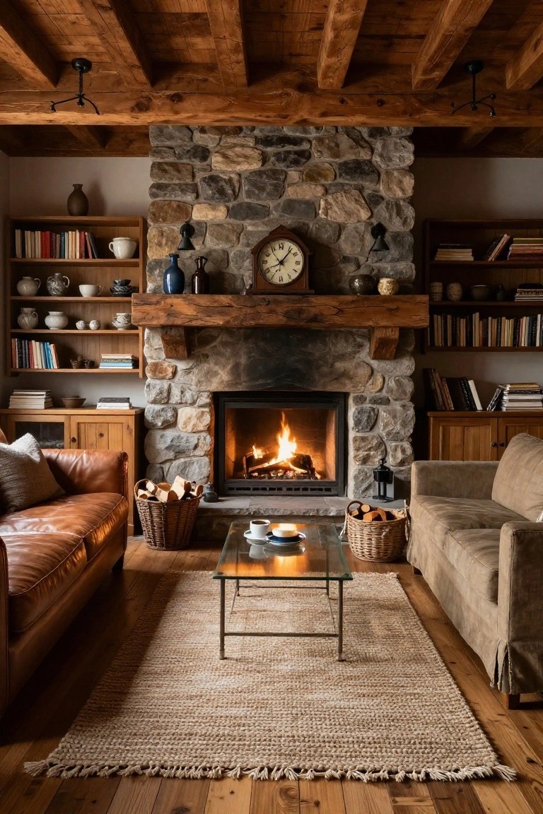 Cozy log cabin living room interior with large stone fireplace, wooden beamed ceiling, built-in bookshelves, brown leather sofa, beige fabric sofa, glass coffee table, and seagrass rug on wood floor.
