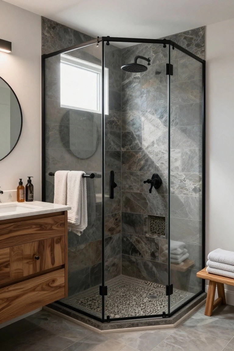 Modern corner shower enclosure with black frame and pebble floor in a bathroom with gray veined wall tiles, wooden vanity, round mirror, towels on racks, and wooden bench nearby.