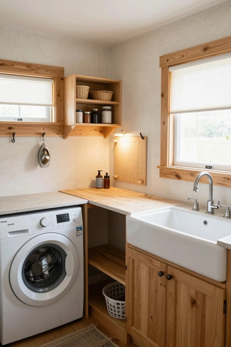Corner interior of a laundry room with a white front-loading washer, wooden cabinets and shelves, a white farmhouse sink, pegboard wall, and hanging utensils.