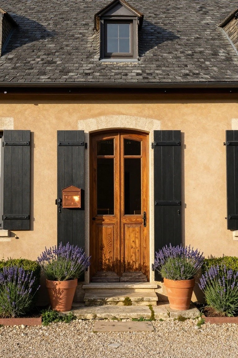 Beige stucco house exterior with black wooden shutters, arched double wooden door, copper mailbox, lavender in terracotta pots, stone steps, and gravel ground.